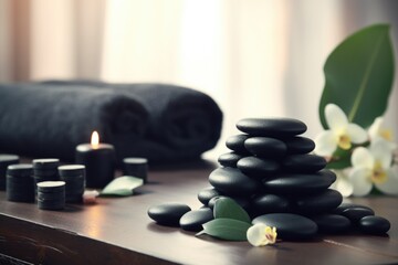Fototapeta na wymiar A stack of black stones adorned with candles and flowers. Perfect for creating a peaceful and serene atmosphere. Ideal for meditation or spa-related designs