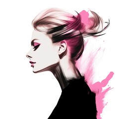 Fototapeta premium Business woman in fashion illustration style in black and pink tones and watercolor paint strokes.