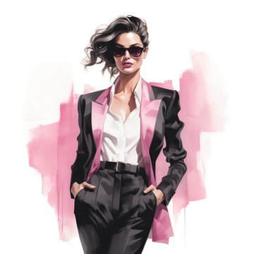 Business woman in fashion illustration style in black and pink tones and watercolor paint strokes