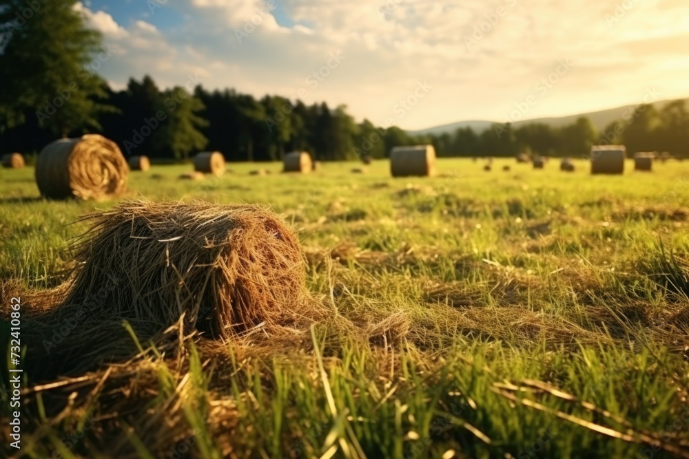 Poster hay bales in a field with trees in the background. suitable for agricultural and rural-themed projec