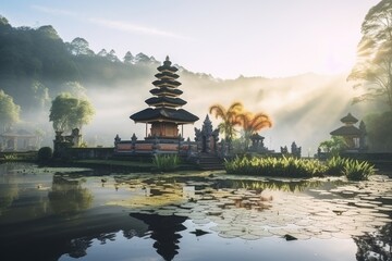 A picturesque scene of a small pagoda situated in the center of a serene lake. Ideal for travel brochures or meditation-themed designs