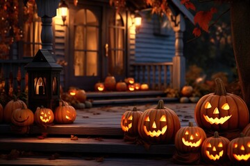 Carved pumpkins sitting on a porch. Perfect for Halloween decorations