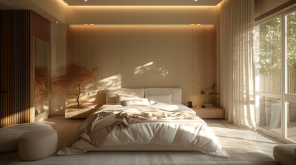 A large bed is centered in a spacious room with a white ceiling and walls with natural light.  The room has wooden floors and there are recessed lights in the ceiling.