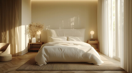 A large bed is centered in a spacious room with a white ceiling and walls with natural light.  The room has wooden floors and there are recessed lights in the ceiling.