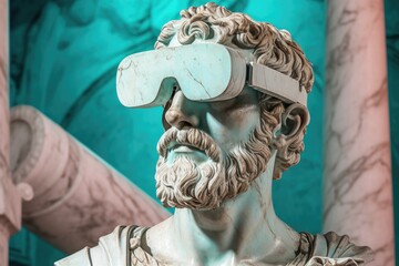 A statue of a man wearing a pair of virtual glasses. Can be used to represent technology, virtual reality, or innovation