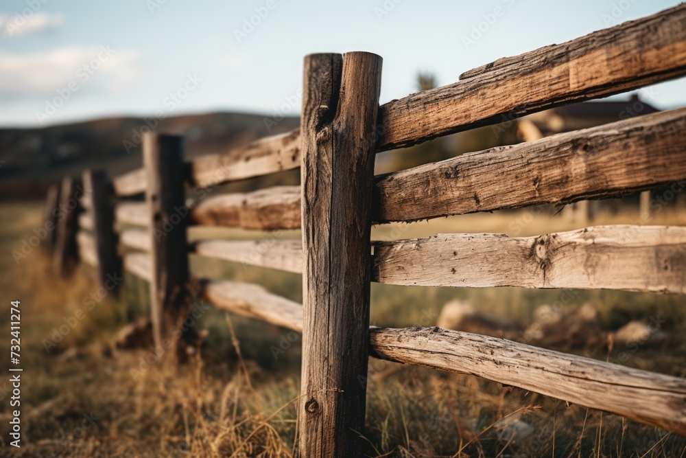 Aufkleber a picture of a wooden fence standing in the middle of a field. this image can be used to represent t