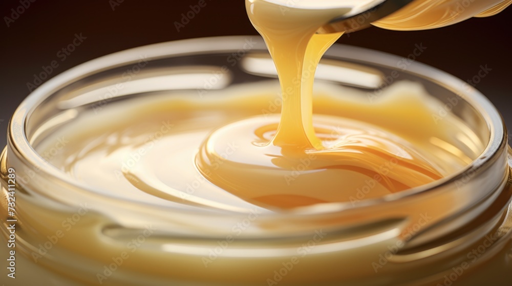 Poster a jar of honey being drizzled with a spoon. suitable for food and cooking-related projects