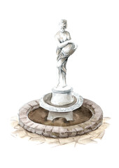 Garden fountain with female figurine. Small architectural form. Landscape design element, Hand drawn watercolor illustration,  isolated on white background