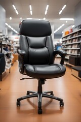 A black office chair placed on a smooth hardwood floor. Suitable for office interior design or home workspace concepts
