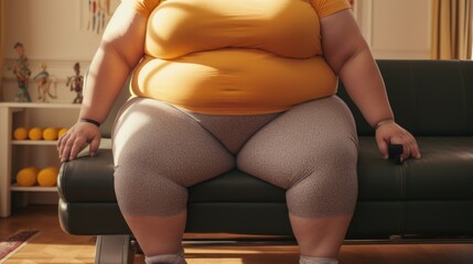 A fat woman is seen sitting on a couch in a living room. This image can be used to depict relaxation or comfort in a home setting