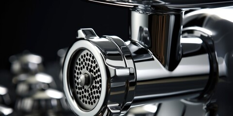 A detailed view of a meat grinder placed on a table. Suitable for culinary and cooking concepts