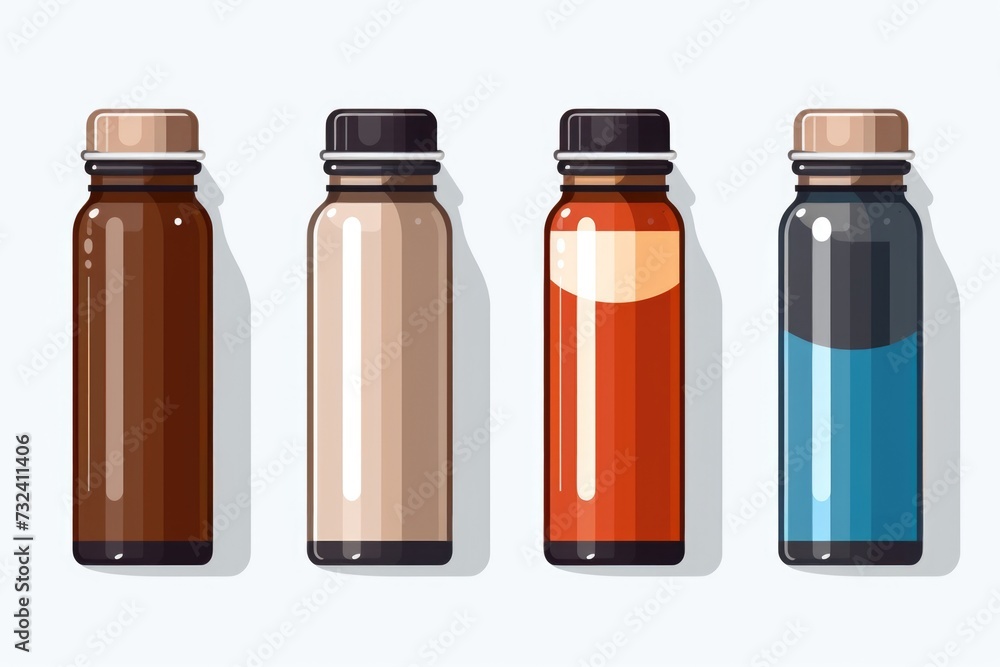 Poster a row of three different colored water bottles. ideal for hydration and staying refreshed.