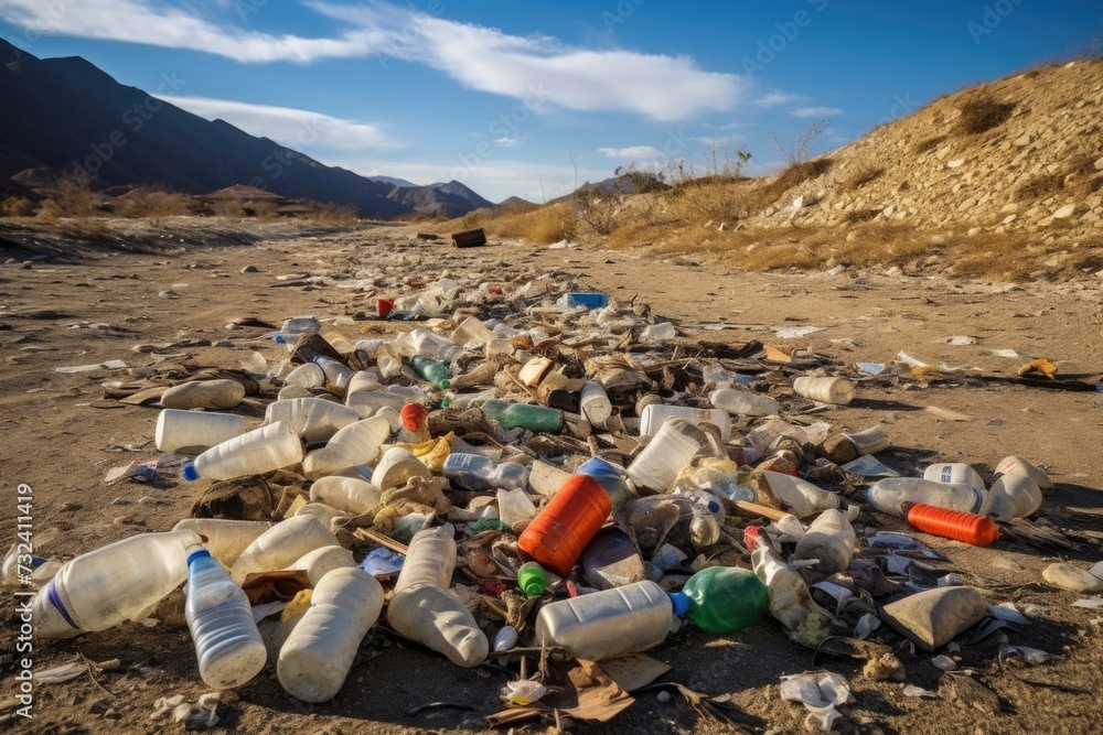 Aufkleber A pile of plastic bottles and other garbage on a beach. Ideal for illustrating the issue of pollution and the need for environmental conservation