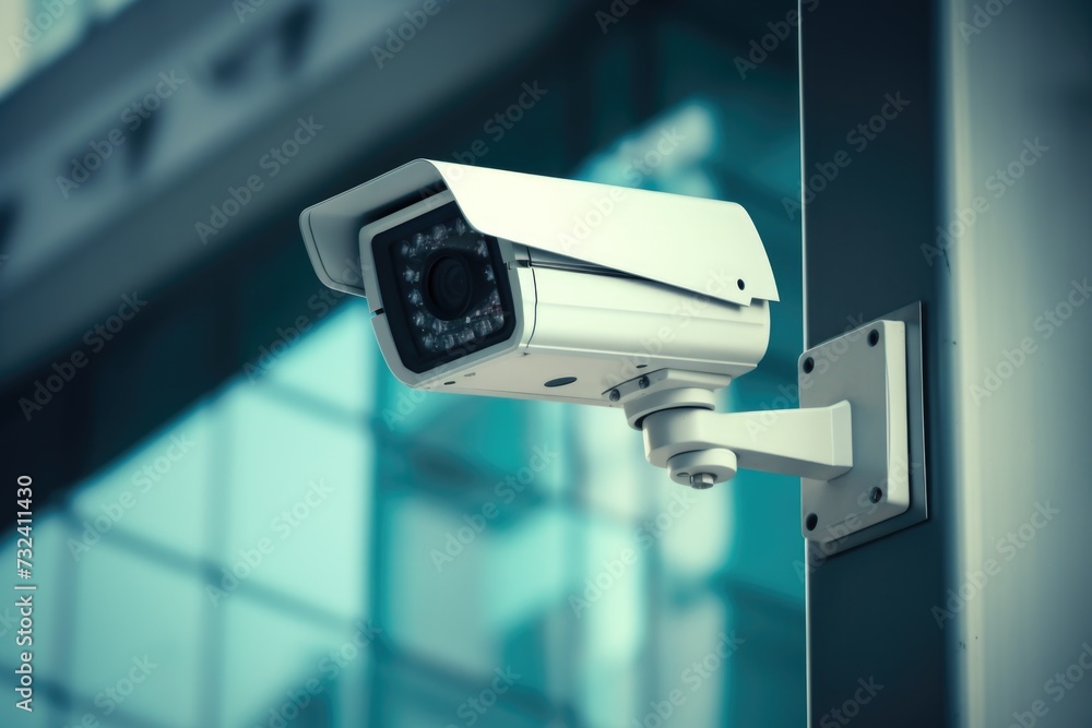 Poster a security camera mounted on the side of a building. this image can be used to depict surveillance, 