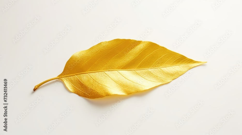 Poster a single golden leaf resting on a pristine white surface. suitable for nature-themed projects and de
