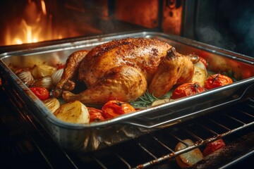 Fototapeta premium A delicious roasting chicken cooking in a roasting pan inside an oven. Perfect for food blogs, cooking magazines, and recipe websites