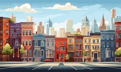 City street with set of buildings vector illustration - obrazy, fototapety, plakaty