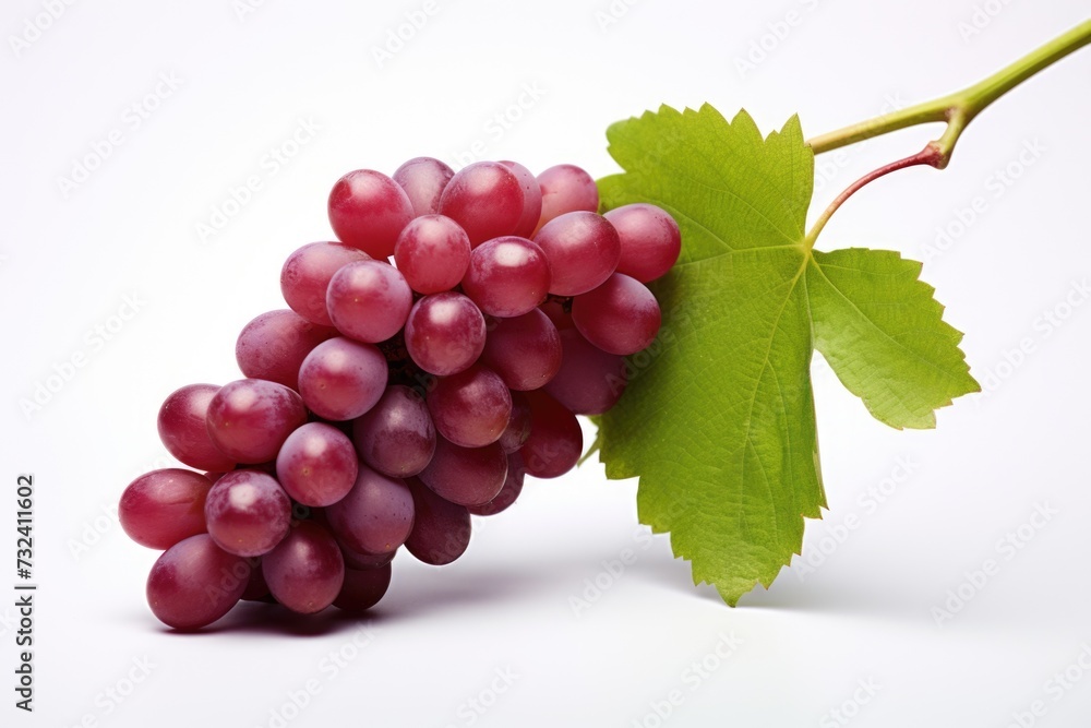 Poster A close-up view of a bunch of grapes with a leaf. This image can be used to depict freshness, agriculture, or as a background for food-related projects