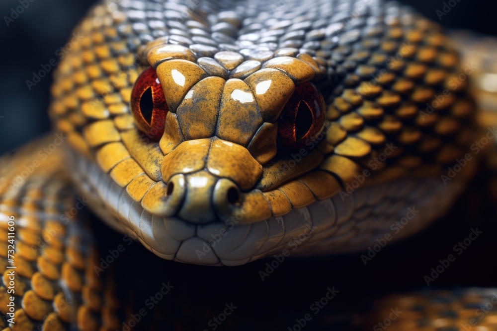 Poster a detailed view of a snake's head with striking red eyes. perfect for projects related to wildlife, 