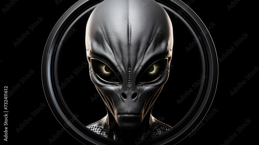 Poster Close up view of an alien face in a circular shape. Suitable for science fiction or extraterrestrial themed projects