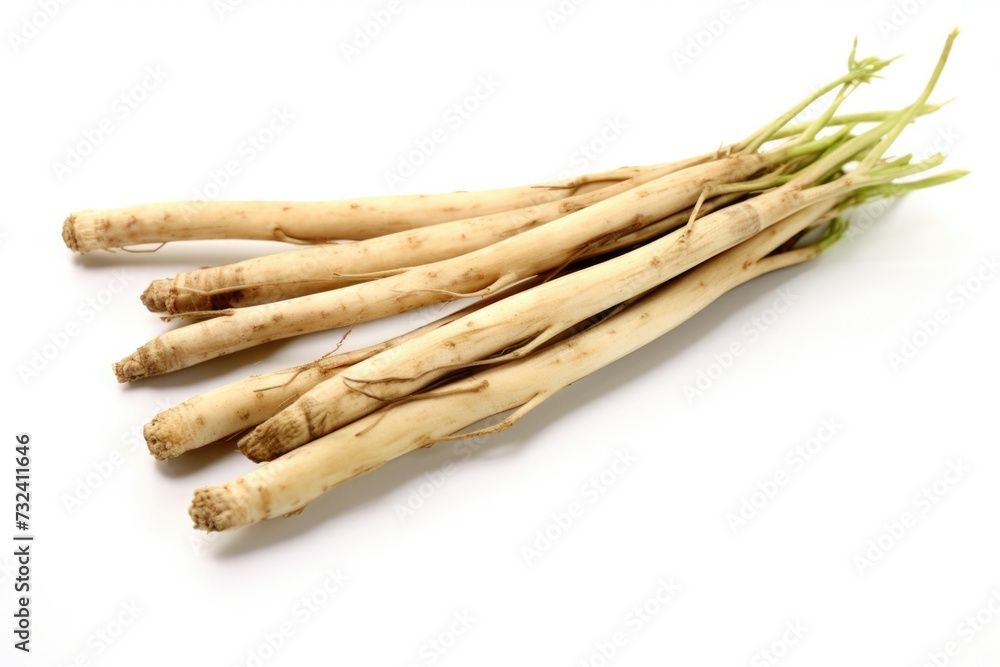 Poster Fresh parsnip vegetables arranged in a bunch on a clean white surface. Suitable for various culinary and healthy eating concepts
