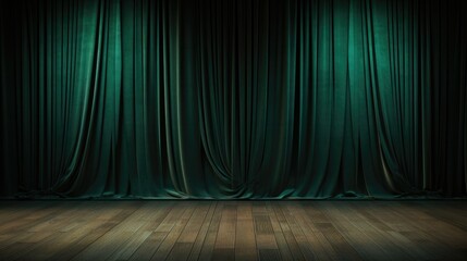 An empty stage with green curtains and a wooden floor. Perfect for theater productions or dance performances