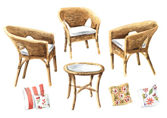 Garden furniture set. Wicker rattan chairs and a table. And set of decorative pillows. Hand drawn watercolor illustration, isolated  on white background