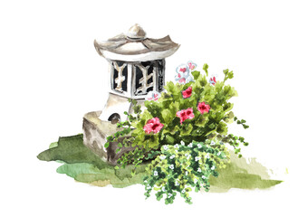 Garden japanese stone lantern, Small architectural form, Landscape design element, Hand drawn watercolor illustration, isolated on white background