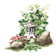 Garden japanese stone lantern. Small architectural form, Landscape design element, Hand drawn watercolor illustration, isolated on white background