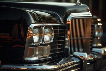 A close-up view of the front of a black car. This image can be used to showcase the sleek design and details of the car