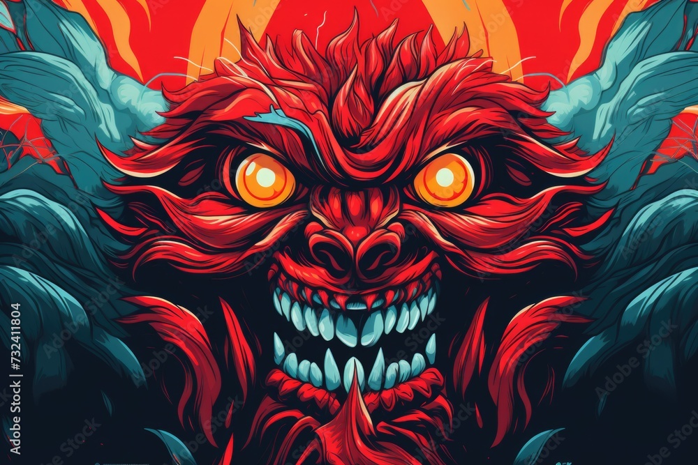 Poster A red demon with a demon-like face and piercing eyes. Suitable for Halloween-themed designs and horror concepts