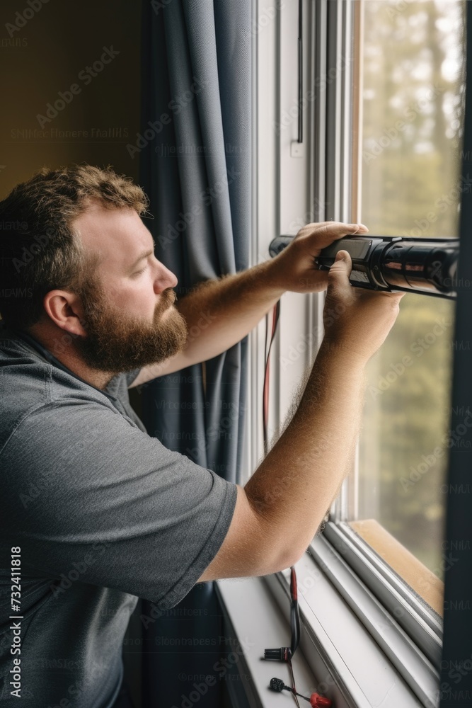 Poster A man is seen gazing out of a window, deep in thought. This image can be used to represent contemplation, introspection, or a moment of solitude