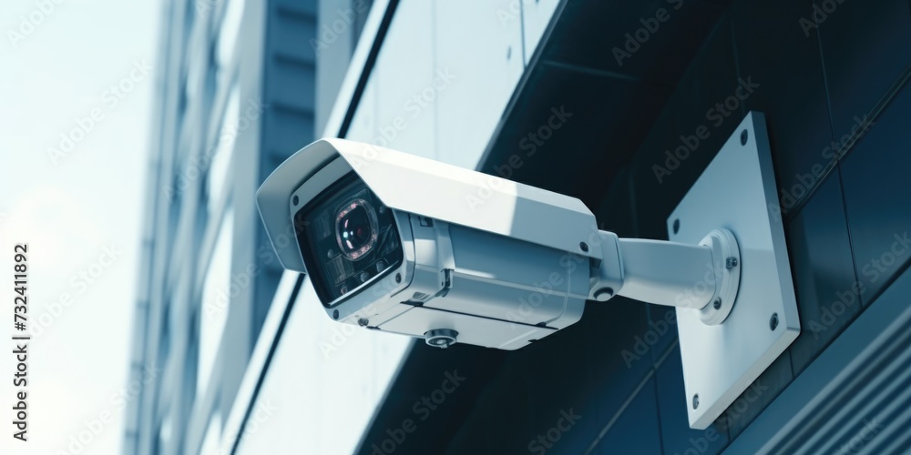 Poster A security camera mounted on the side of a building. Suitable for surveillance and security-related projects