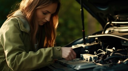 A woman is seen working on a car's engine. This image can be used to depict car maintenance and repair