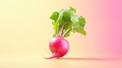 A vibrant image of a radish with green leaves against a pink background. Ideal for use in food-related designs and healthy eating concepts
