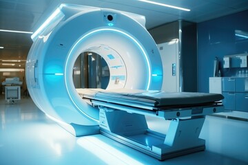 An image of a blue MRI machine in a hospital room. This picture can be used to illustrate medical procedures and healthcare technology - obrazy, fototapety, plakaty