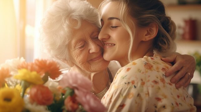 A heartwarming image of a woman embracing another woman while holding a bouquet of flowers. Perfect for expressing love, friendship, or gratitude.