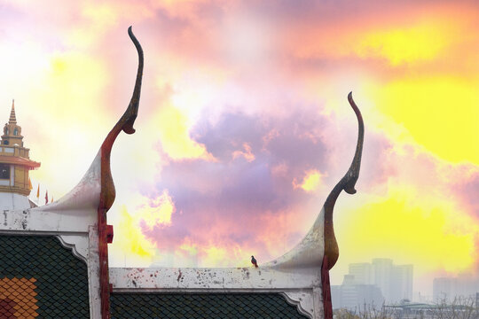 Stylized oriental dragons against the backdrop of a tropical sunset. Thailand, Ayutthaya city
