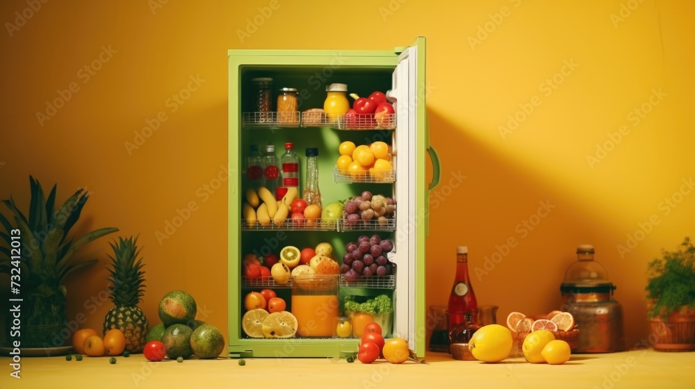 Poster fresh and colorful assortment of fruits and vegetables stored in a refrigerator. ideal for promoting