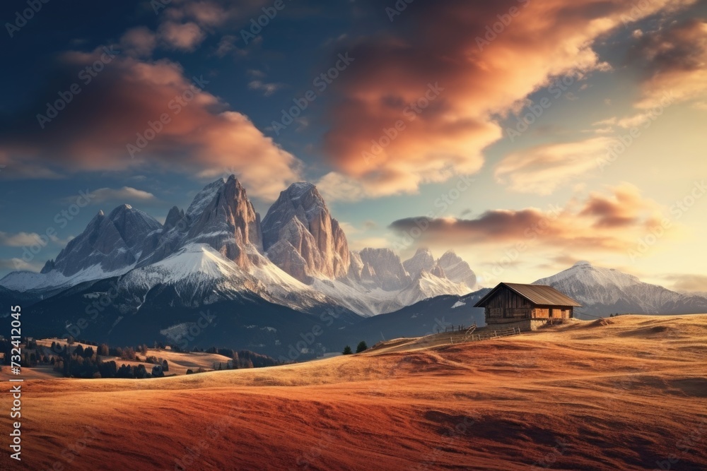 Aufkleber a house situated in the middle of a field with majestic mountains in the background. suitable for va