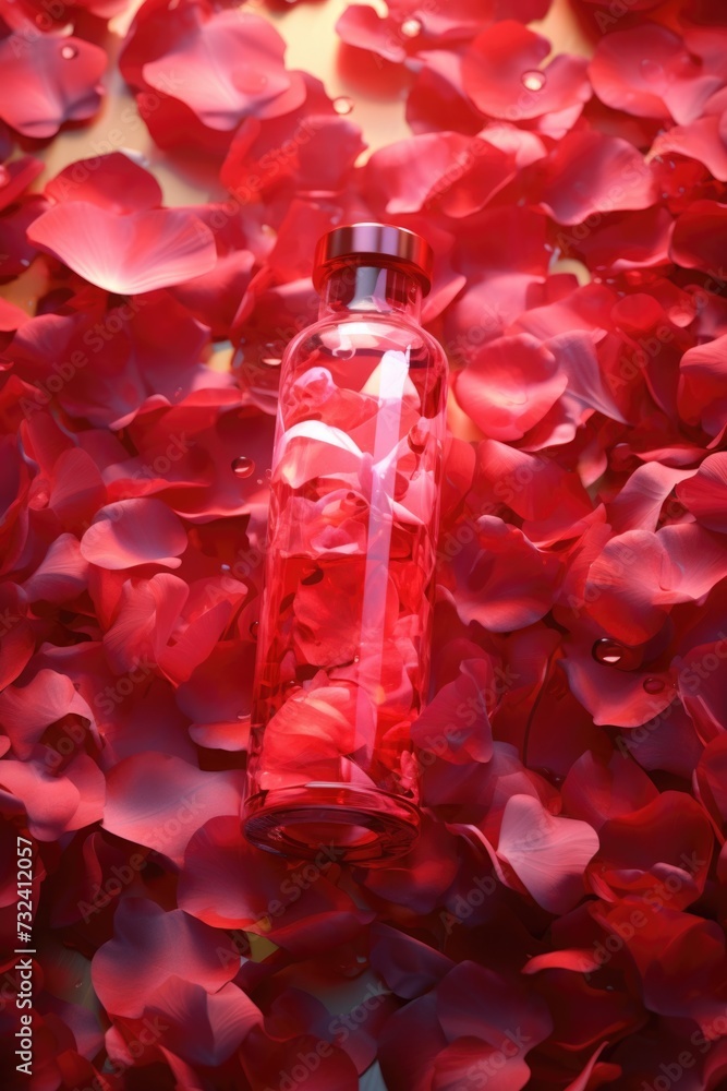 Poster a glass bottle filled with lots of red petals. can be used for various occasions and themes