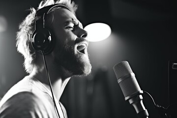 A man wearing headphones is passionately singing into a microphone. This image can be used to represent music, performance, entertainment, or recording