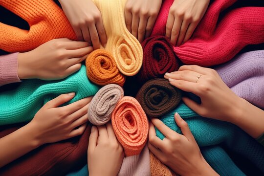 A vibrant image of a group of people holding colorful knits in a circle. This picture can be used to depict teamwork, creativity, or a knitting club gathering