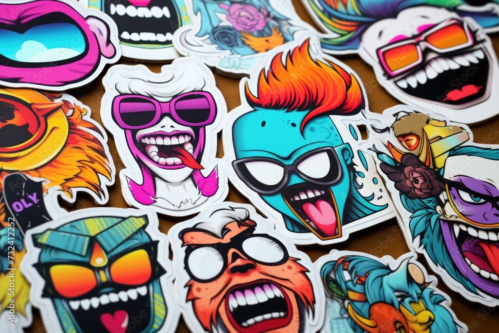 Poster A collection of colorful stickers arranged on a table. Perfect for adding a touch of fun and creativity to any project