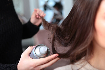 A professional hairdresser applies hairspray to the hair of a young woman in a beauty salon....