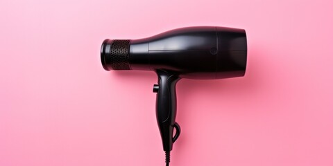 A black hair dryer placed on a vibrant pink background. Perfect for beauty and hairstyling themes