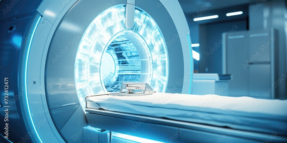 Poster An image of an MRI machine with a bed in the middle. This picture can be used to illustrate medical imaging and diagnostic procedures