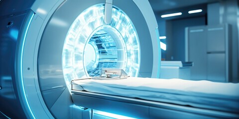 An image of an MRI machine with a bed in the middle. This picture can be used to illustrate medical imaging and diagnostic procedures