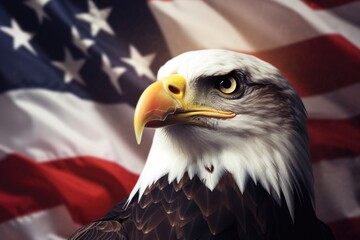 A majestic bald eagle standing proudly in front of an American flag. Perfect for patriotic designs and national celebrations