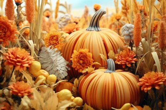 A group of pumpkins sitting in a field of flowers. This image can be used to depict the beauty of autumn and the harvest season